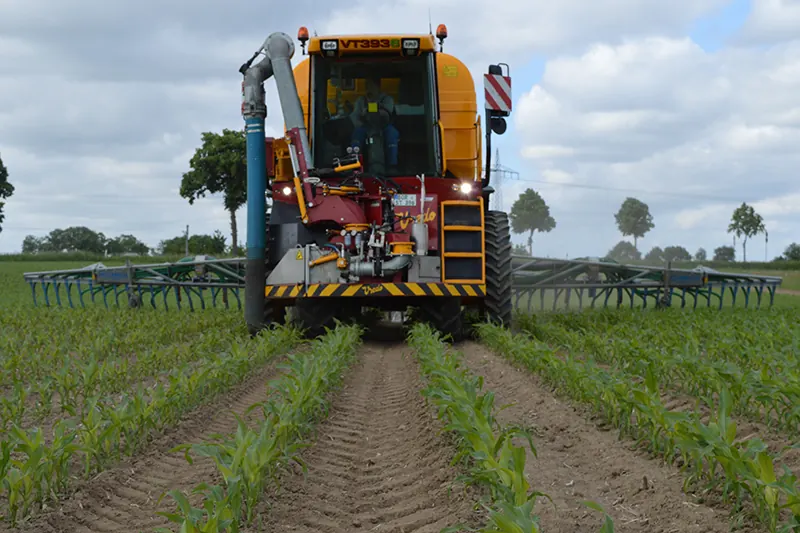 Vredo-Selbstfahrer von vorn zwischen jungen Maisreihen, mit ausgeklapptem Ausbringgerät.