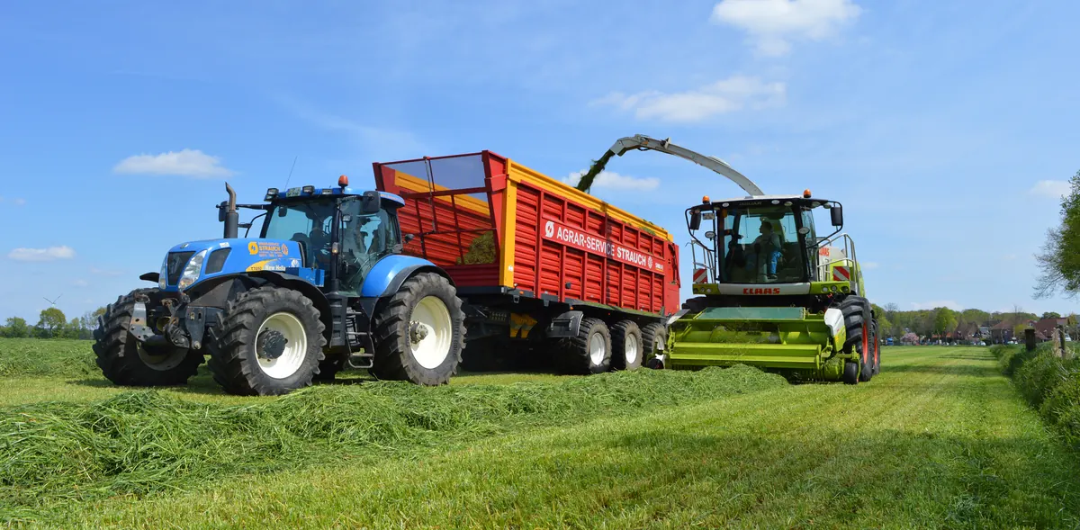 Grashäckseln: Ein Claas Jaguar füllt den Häckselwagen von Agrar-Service Strauch.