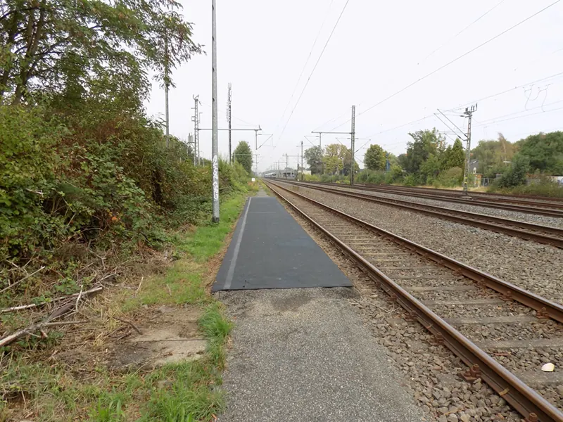 Dunkle Matte auf dem Randweg neben einer mehrgleisigen Bahnstrecke, links Gebüsch, darüber Oberleitungsmasten.