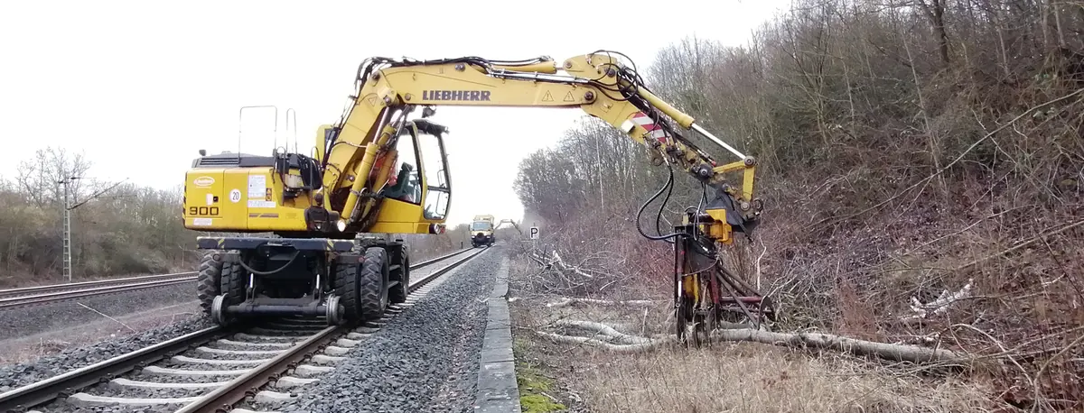 Gelber Zweiwegebagger auf einem Gleis beim Rückschnitt der Gehölze am Bahndamm.